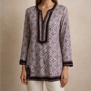NWT Tory Burch Latte Diamond Geometric Silk Twill Trim Resort Tunic Blouse 8